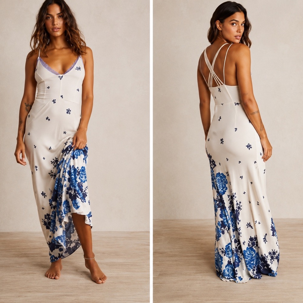 Free People Cream Maxi Slip Dress with Blue Floral Border